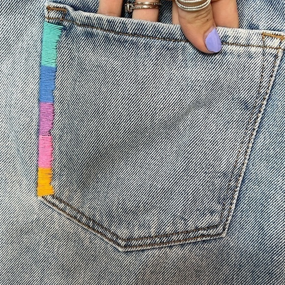 BDG Blue Denim shorts Multicolored embroidery frayed hem button fly size 29 - Picture 11 of 14